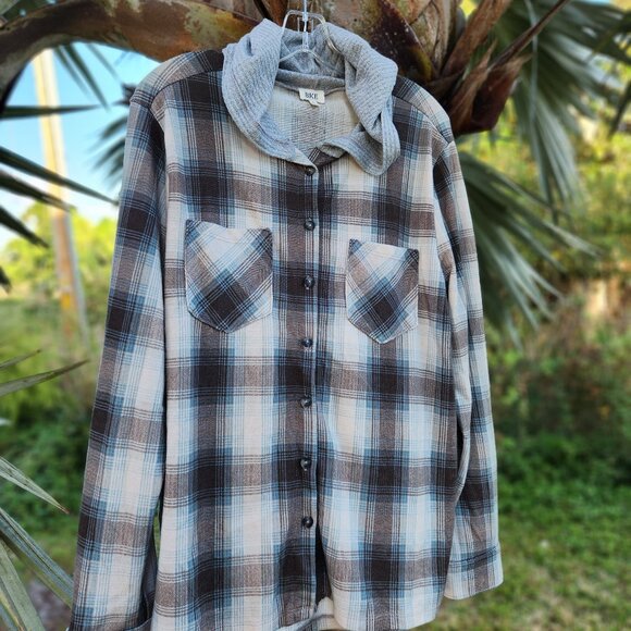 ✨ONLINE EXCLUSIVE!✨ SOLD OUT!✨ Buckle BKE Plaid Knit Hooded Shirt L-OLIVE GREEN - Picture 2 of 6